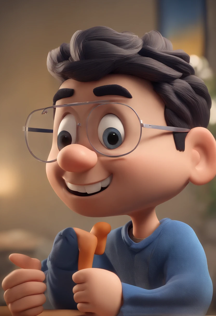Personagem de desenho animado de um homem usando uma camisa azul, um personagem animado, Caractere estilizado, animation style rendering, 3D estilizado, Arnold Maya render, 3 d render stylized, toon render keyshot, Personagem 3D, Personagem 3D, 3d rendering stylized, 3 d character render, personagem de desenho animado, Personagem de close up, Pose de personagem, (Estilo Pixar) (master part:1.2) (Bokeh) (best quality) (pele detalhada) (textura detalhada) (8k) (argila) (Cinematic lighting) (foco nítido，Senta e vaza a parte superior do corpo, Indicated hand finger too large, advogado, Consulting behind it, corpo inteiro