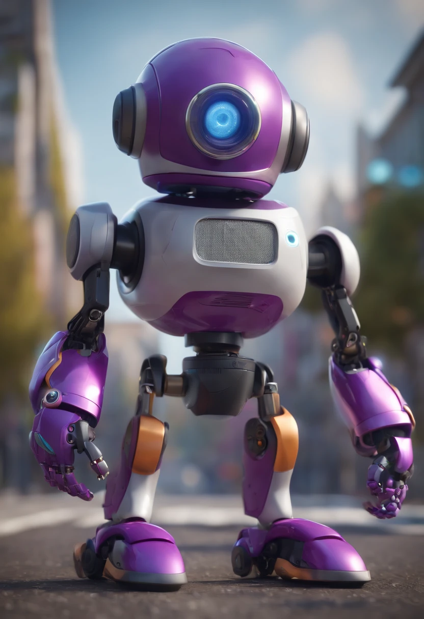 Cartoon character of a little robot with security camera details and purple, corpo humano e com boca, animation character, Caractere estilizado, animation style rendering, 3D estilizado, Arnold Maya render, 3 d render stylized, toon render keyshot, Personagem 3D, Personagem 3D, 3d rendering stylized, 3 d character render, personagem de desenho animado, Personagem de close up, Pose de personagem, (Estilo Pixar) (master part:1.2) (Bokeh) (melhor qualidade) (pele detalhada) (textura detalhada) (8k) (argila) (Cinematic lighting) (foco nítido