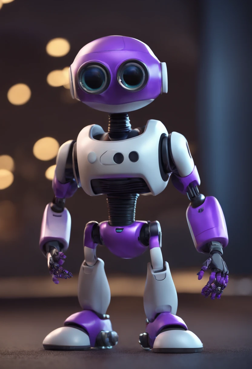 Cartoon character of a little robot with security camera details and purple, corpo humano e com boca, animation character, Caractere estilizado, animation style rendering, 3D estilizado, Arnold Maya render, 3 d render stylized, toon render keyshot, Personagem 3D, Personagem 3D, 3d rendering stylized, 3 d character render, personagem de desenho animado, Personagem de close up, Pose de personagem, (Estilo Pixar) (master part:1.2) (Bokeh) (melhor qualidade) (pele detalhada) (textura detalhada) (8k) (argila) (Cinematic lighting) (foco nítido