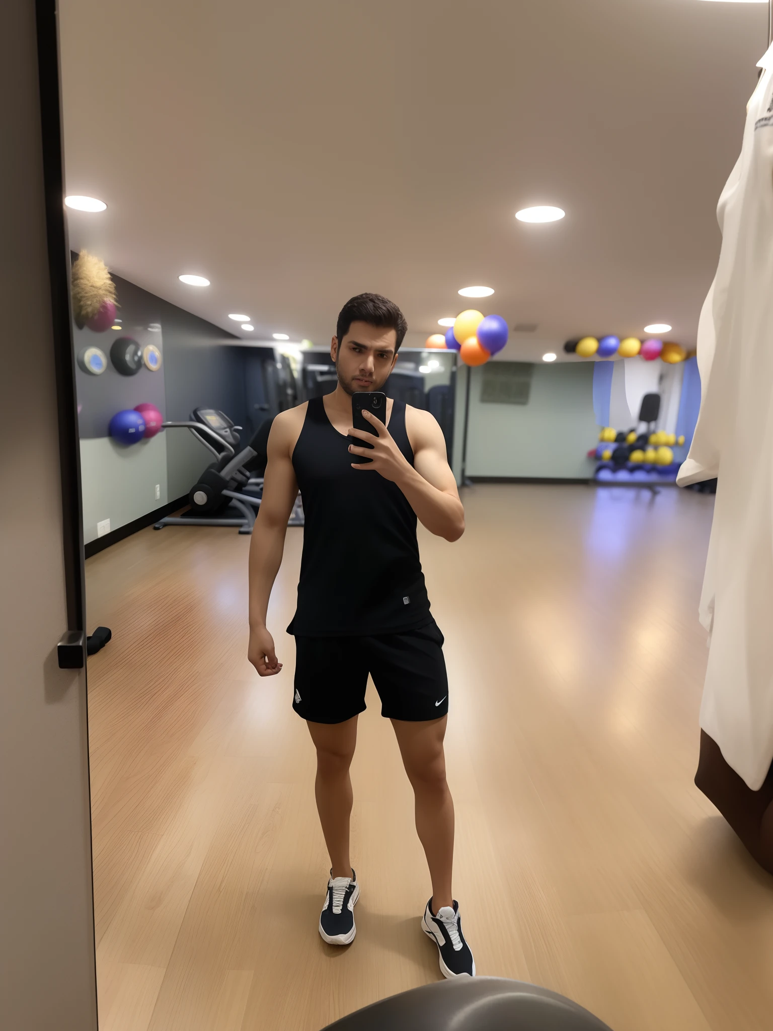 There's a man taking a selfie in a mirror at a gym, foto fit, malhar, em uma academia, imagem de corpo inteiro, usando equipamento de fitness, 2 7 anos, corpo inteiro!, 2 3 anos, 2 9 anos, 21 anos, 2 8 anos, ele tem cerca de 3 0 anos de idade, ele tem cerca de 30 anos