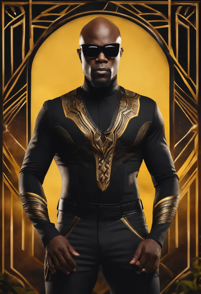 Bald black man with black frame glasses and yellow lens with Black Panther movie outfit and universe background