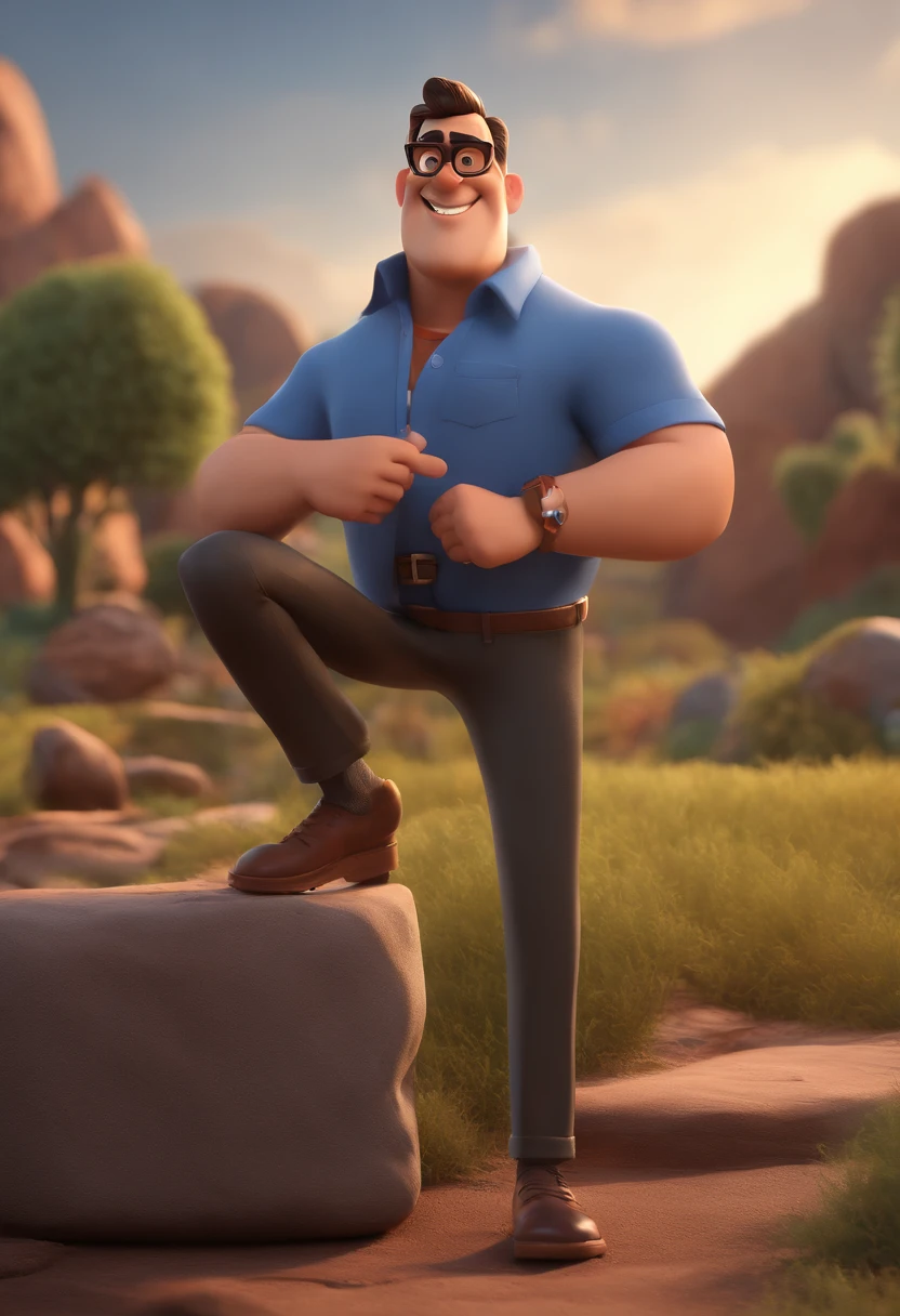 Cartoon character of a man with black glasses and a blue shirt, animation character, Caractere estilizado, animation style rendering, 3D estilizado, Arnold Maya render, 3 d render stylized, toon render keyshot, Personagem 3D, Personagem 3D, 3d rendering stylized, 3 d character render, personagem de desenho animado, Personagem de close up, Pose de personagem, (Estilo Pixar) (master part:1.2) (Bokeh) (best quality) (pele detalhada) (textura detalhada) (8k) (argila) (Cinematic lighting) (foco nítido