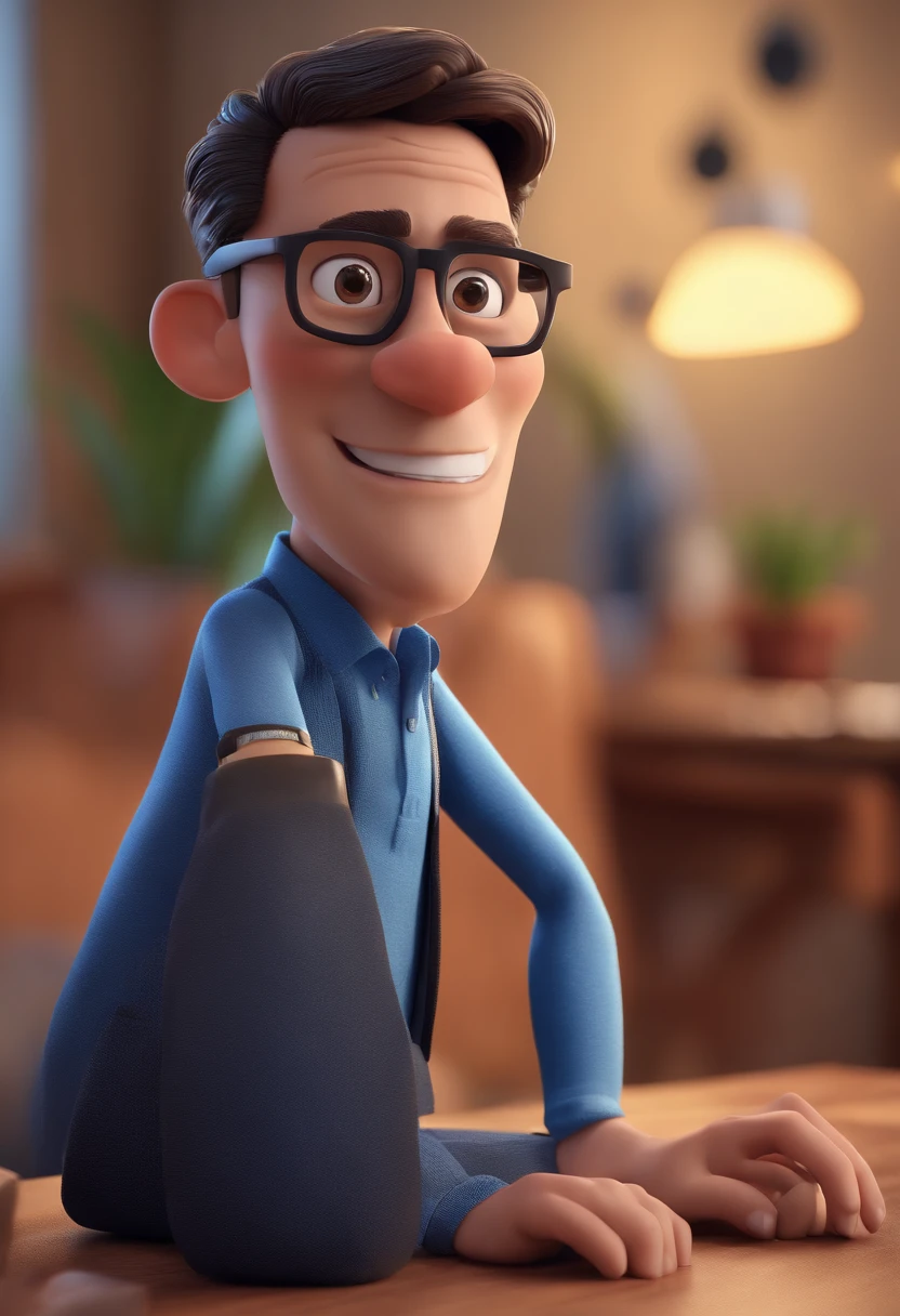 Cartoon character of a man with black glasses and a blue shirt, animation character, Caractere estilizado, animation style rendering, 3D estilizado, Arnold Maya render, 3 d render stylized, toon render keyshot, Personagem 3D, Personagem 3D, 3d rendering stylized, 3 d character render, personagem de desenho animado, Personagem de close up, Pose de personagem,  (Estilo Pixar) (master part:1.2) (Bokeh) (best quality) (pele detalhada) (textura detalhada) (8k) (argila) (Cinematic lighting) (foco nítido