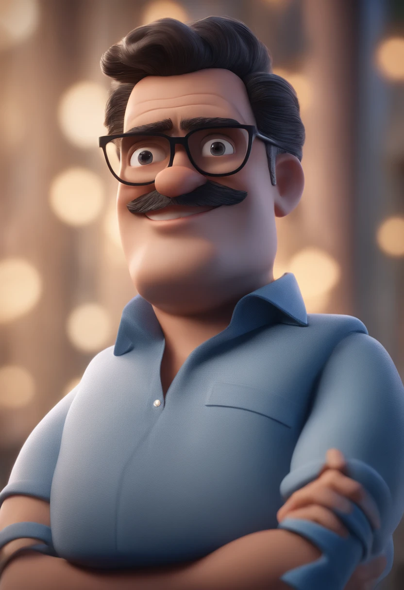 Cartoon character of a man with black glasses and a blue shirt, animation character, Caractere estilizado, animation style rendering, 3D estilizado, Arnold Maya render, 3 d render stylized, toon render keyshot, Personagem 3D, Personagem 3D, 3d rendering stylized, 3 d character render, personagem de desenho animado, Personagem de close up, Pose de personagem, (Estilo Pixar) (master part:1.2) (Bokeh) (best quality) (pele detalhada) (textura detalhada) (8k) (argila) (Cinematic lighting) (foco nítido