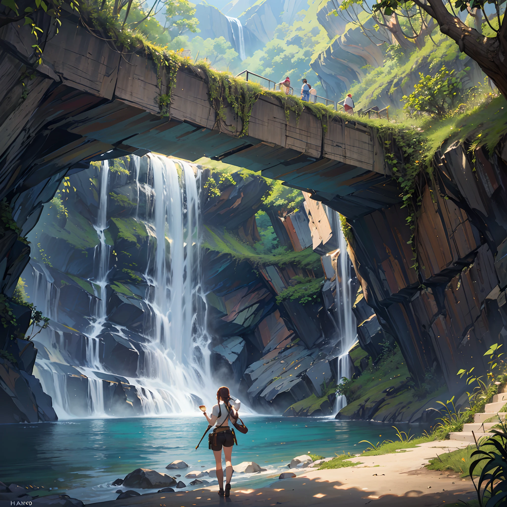 cinematic scene, Hero's View, Indiana Jones and Lara Croft Action Poseimagen de Indiana Jones (Harrison Ford)Enjoying coffee an archaeological tomb (agrega tesoros) con una cascada y una selva de fondo. Apply super realism, 4K resolution, 8K and highest quality. Antecedentes detallados, Obra maestra, La mejor calidad, alta calidad, Altas Resoluciones, absurdos, (Estilo Studio Ghibli, Arte de Hayao Miyazaki:1. --auto --s2