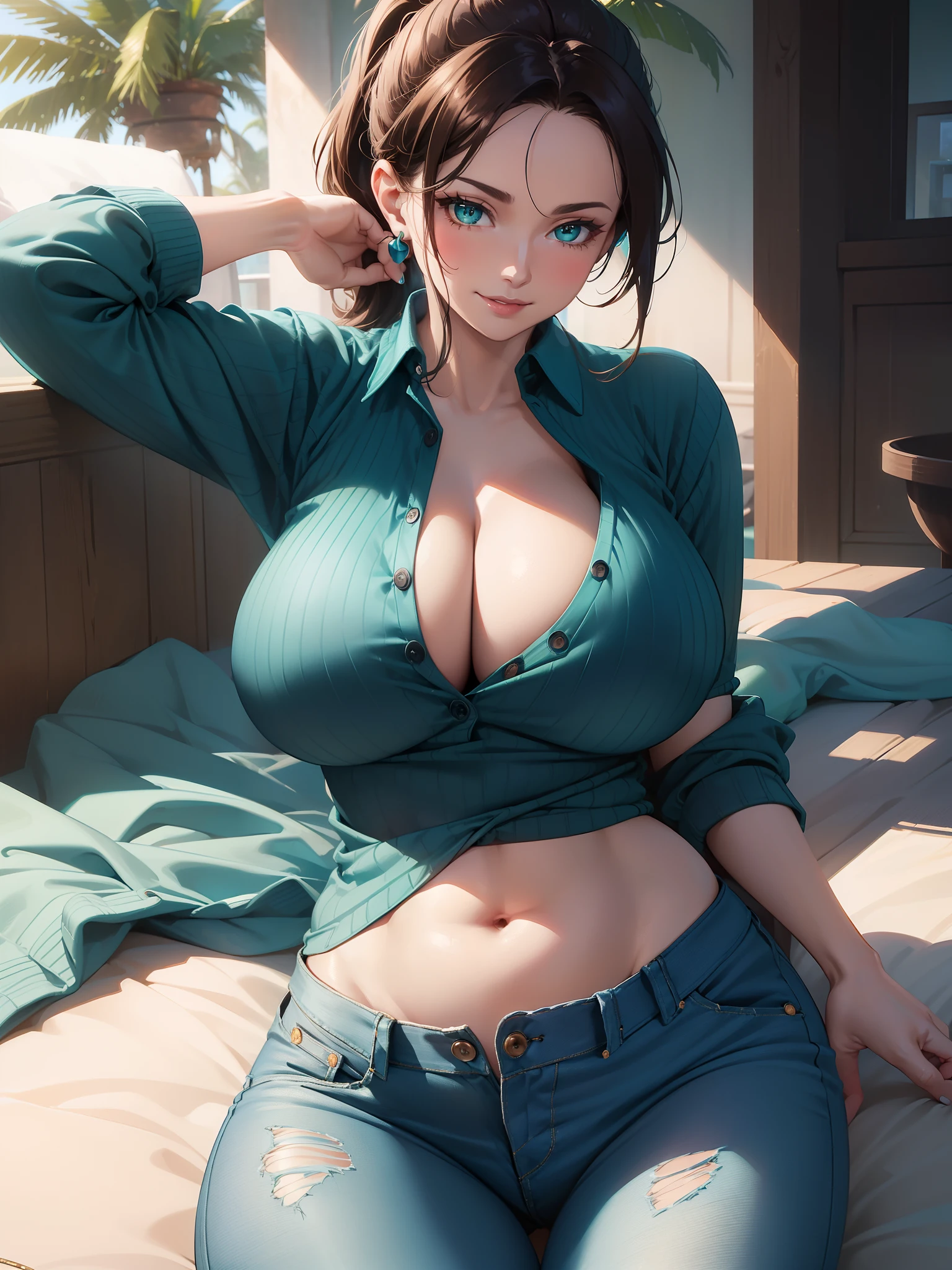 masterpiece, best quality, solo mature woman with brown ponytail, large chest, curvy physique, aqua green eyes, full lips, seductive, smiling, (((wearing blue low open button up sweater))), (((tight jeans))) cleavage, relaxing on bed, blushing, (wide hips), (big boobs) showing cleavage, blue sweater, solo, alone (SOLO)(ALONE)