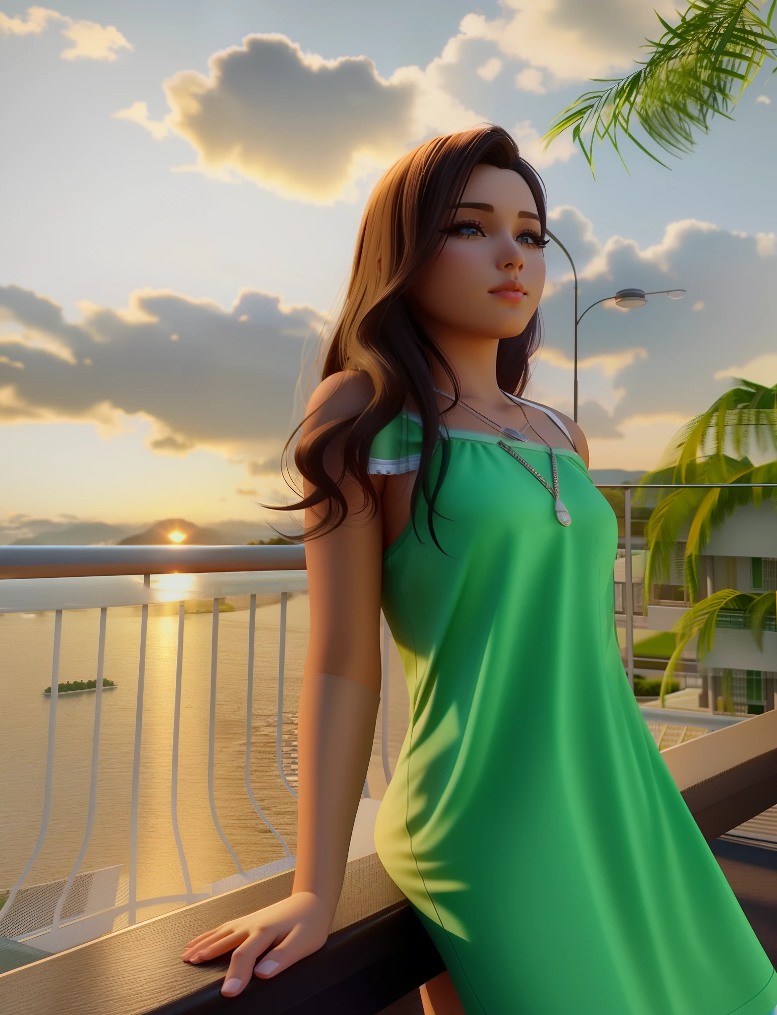 There's a woman in a green dress standing on a balcony, Rio de Janeiro em um filme de anime, filme ainda 8K, maia realista, nice afternoon lighting, renderizado em sfm, looking at sunset, animado ainda, anime estilo 3d, Close-up de corpo inteiro, animated film, semi-realistic rendering, animation still, 3 d render stylized