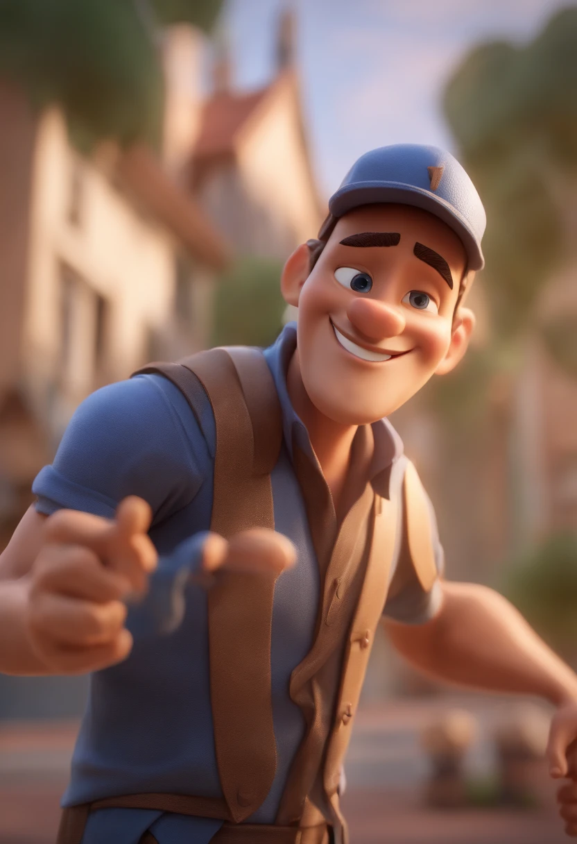 Personagem de desenho animado de um homem moreno usando uma camisa azul, um personagem animado, Caractere estilizado, animation style rendering, 3D estilizado, Arnold Maya render, 3 d render stylized, toon render keyshot, Personagem 3D, Personagem 3D, 3d rendering stylized, 3 d character render, personagem de desenho animado, Personagem de close up, Pose de personagem, (Estilo Pixar) (master part:1.2) (Bokeh) (best quality) (pele detalhada) (textura detalhada) (8k) (argila) (Cinematic lighting) (foco nítido,Senta e vaza a parte superior do corpo
