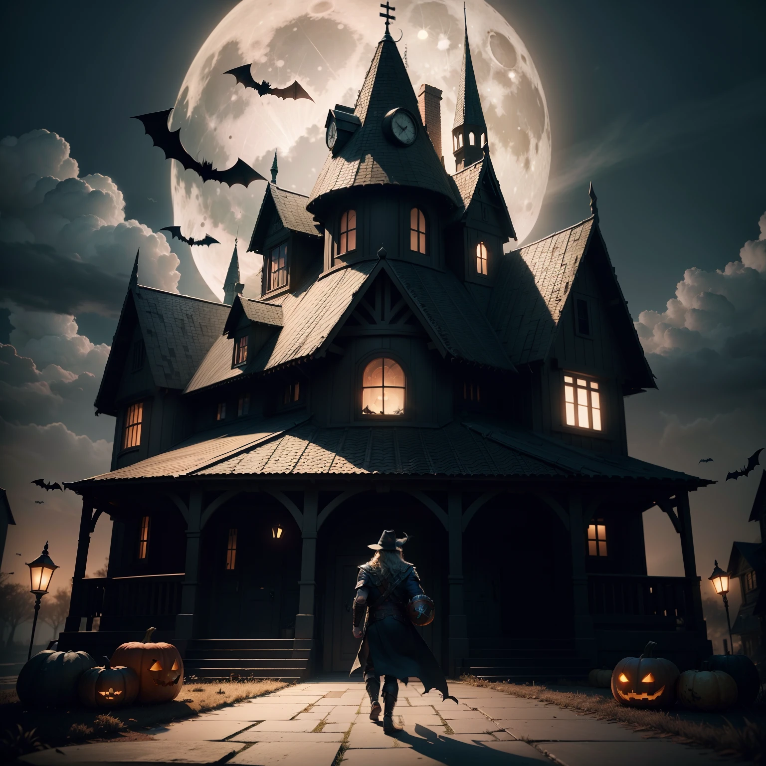 Thor wears a Halloween hat..，（master-piece，bestquality：1.2），Best Lights，best shadows，Show background, . . . . . . . . . . . . .bat,full big moon,Old House,stylized 3d render