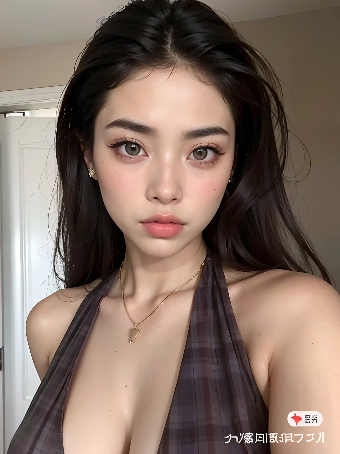 um close up de uma mulher usando um top marrom, Beautiful Asian girl, rosto sexy com maquiagem completa, asian features, Asian girl, Beautiful Asian woman, 18 anos, asian beautiful face, an Asian woman, Asian face, clear lips and high quality, Asian women, Modelo do Instagram, rosto extremamente bonito, Cara Sexy, beautiful aesthetic face
