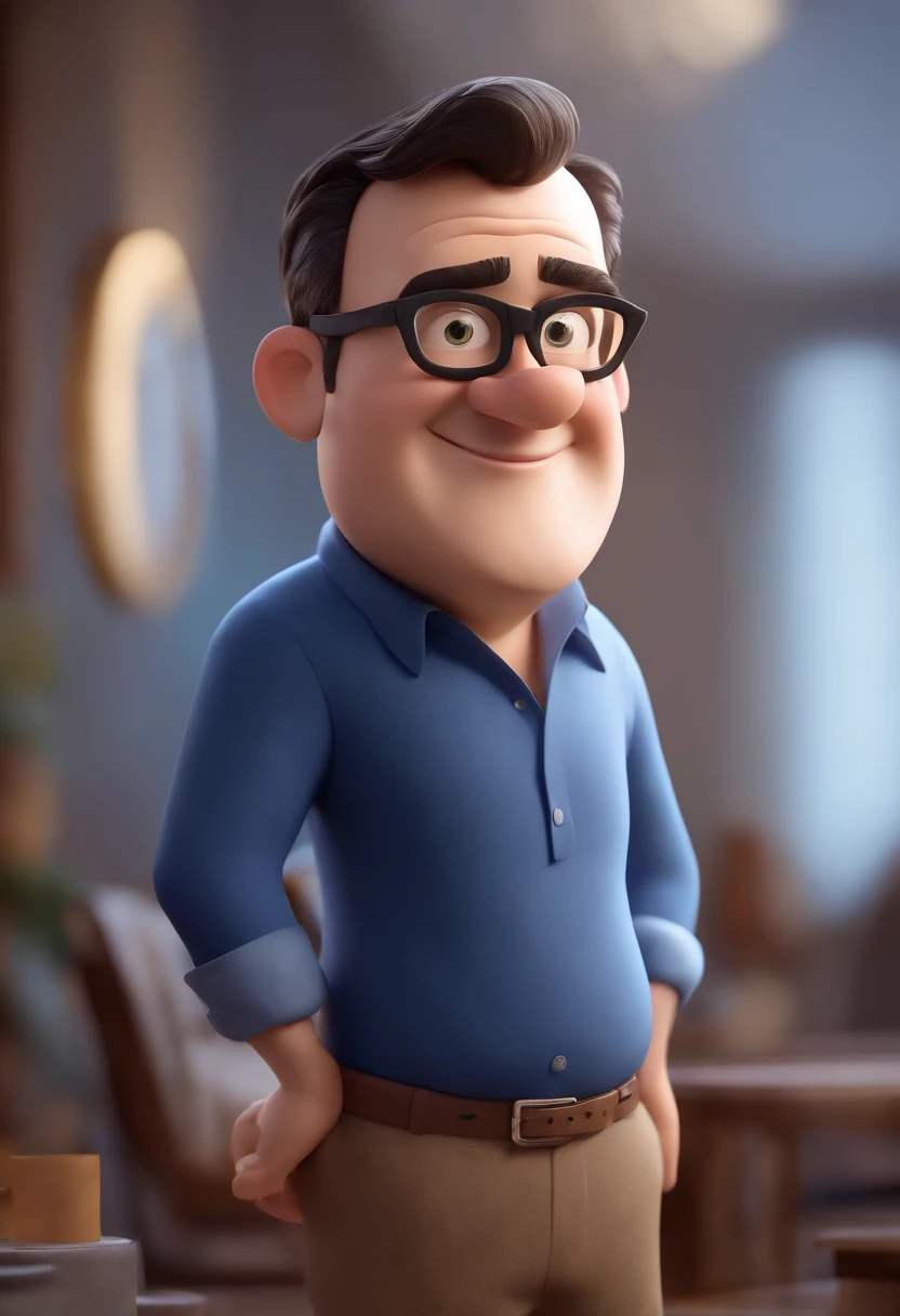 Cartoon character of a man wearing black glasses and a blue shirt, um personagem animado, Caractere estilizado, animation style rendering, 3D estilizado, Arnold Maya render, 3 d render stylized, toon render keyshot, Personagem 3D, Personagem 3D, 3d rendering stylized, 3 d character render, personagem de desenho animado, Personagem de close up, Pose de personagem, (Estilo Pixar) (master part:1.2) (Bokeh) (best quality) (pele detalhada) (textura detalhada) (8k) (argila) (Cinematic lighting) (foco nítido,Senta e vaza a parte superior do corpo
