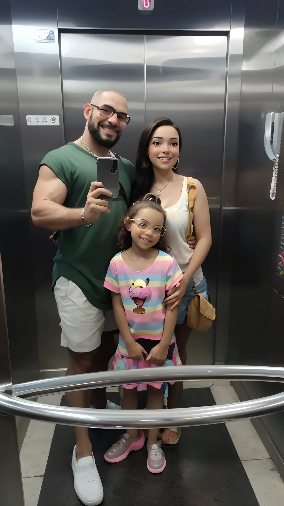A family consisting of a man with a beard, careca, Strong and bespectacled at 25 years old, A 23-year-old brunette woman with long brown hair and a 6--old girl with pink glasses, short curly hair, blonde with a colorful T-shirt and an orange German Spitz dog all smiling, em um parque a beirada de um rio. They're ready for an adventure, In a park with a river behind and a cheerful and hopeful mood, Create like the cover of a Disney Pixar 3d movie with the title Peligrineli Family