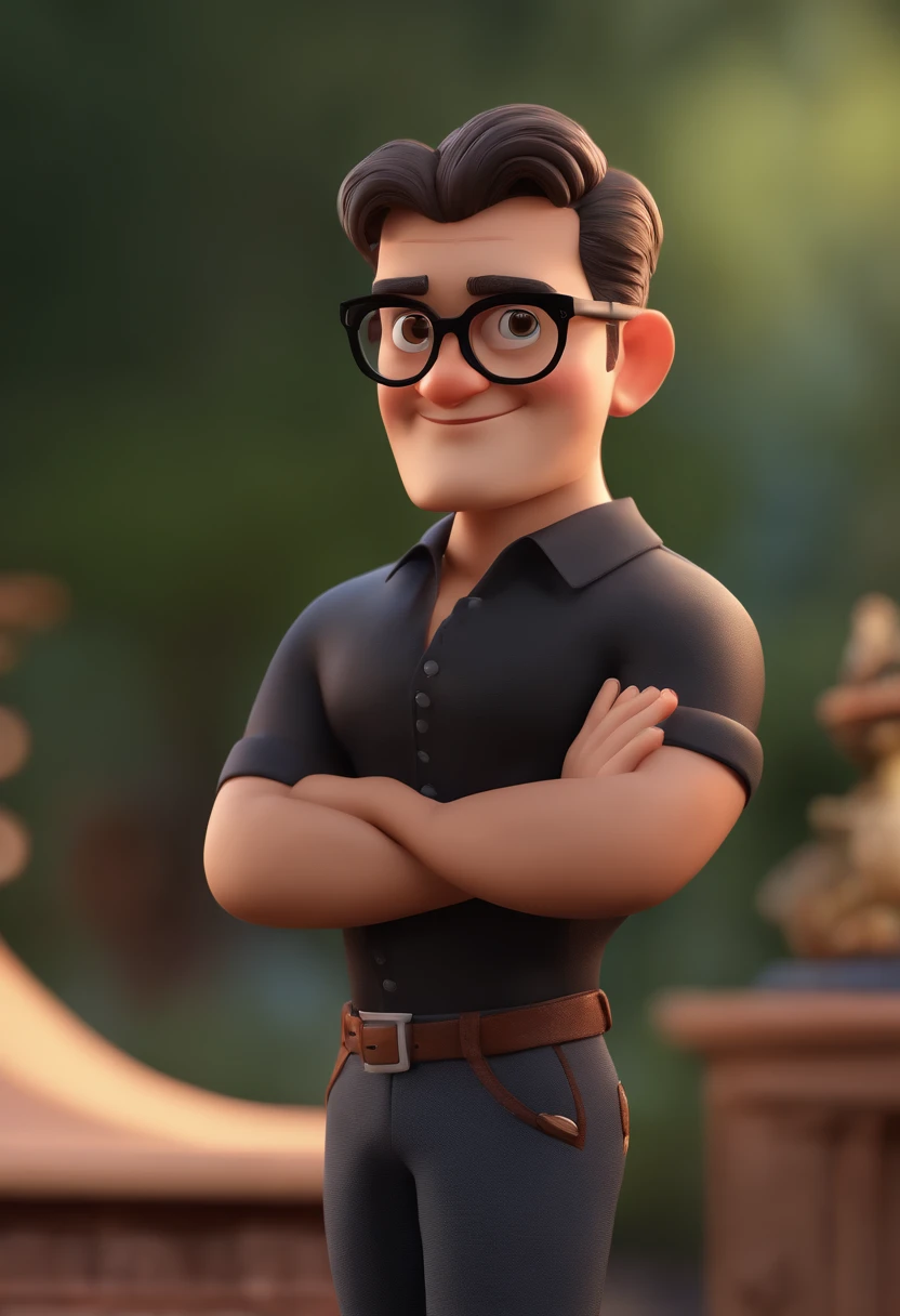 Cartoon character of a man with black glasses and a black shirt, animation character, Caractere estilizado, animation style rendering, 3D estilizado, Arnold Maya render, 3 d render stylized, toon render keyshot, Personagem 3D, Personagem 3D, 3d rendering stylized, 3 d character render, personagem de desenho animado, Personagem de close up, Pose de personagem, (Estilo Pixar) (master part:1.2) (Bokeh) (best quality) (pele detalhada) (textura detalhada) (8k) (argila) (Cinematic lighting) (foco nítido