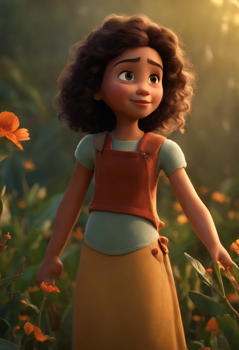 Imagem estilo Pixar com jovem de 15 brancos mulher morena cabelo cacheado curto sney,Pescador, bonitinho, sorridente ,Close-up, Pixar, Disney, Cinema lighting,