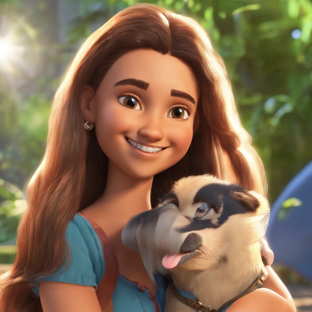 Andressa is a smiling -yeld hu girl, com seu fiel amigo, Thor, o cachorro husky, deitados no jardim