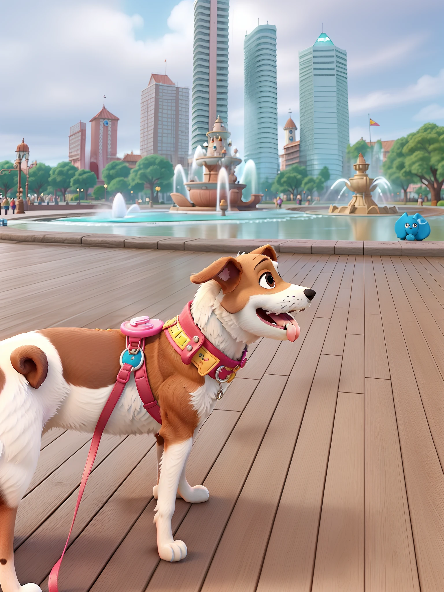 Cachorro vira-lata branco com manchas marrom claro, Wearing a pink collar with her tongue sticking out, Strolling in the square with lake and fountain, estilo Disney pixar, melhor qualidade.