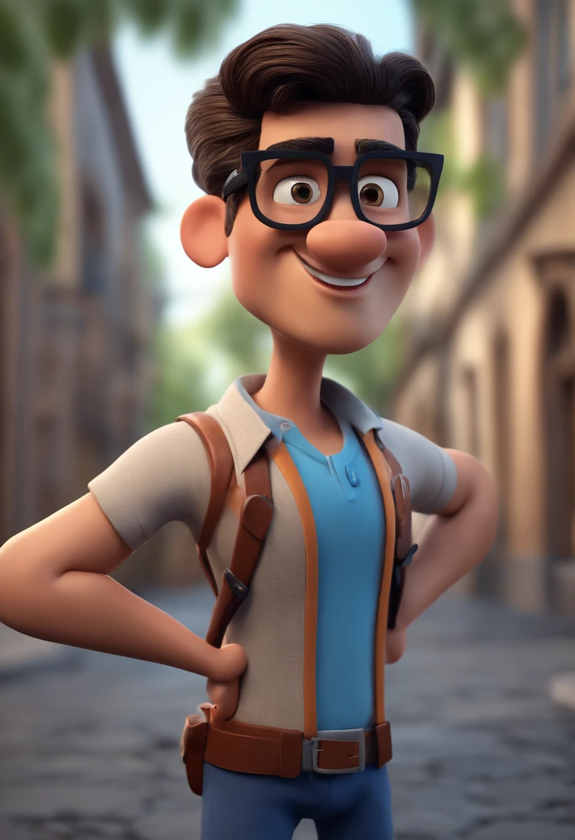 Cartoon character of a man with black glasses and a blue shirt, animation character, Caractere estilizado, animation style rendering, 3D estilizado, Arnold Maya render, 3 d render stylized, toon render keyshot, Personagem 3D, Personagem 3D, 3d rendering stylized, 3 d character render, personagem de desenho animado, Personagem de close up, Pose de personagem,  (Estilo Pixar) (master part:1.2) (Bokeh) (best quality) (pele detalhada) (textura detalhada) (8k) (argila) (Cinematic lighting) (foco nítido