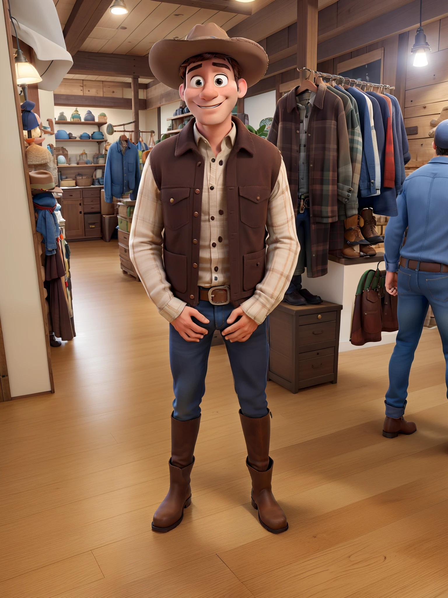 Homem, estilo country, Wearing a hat just like Wood, com botas, Estilo Disney Pixar, alta qualidade, best quality.