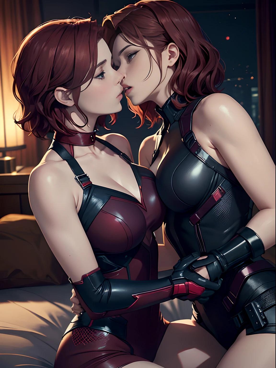 Create an evocative image of Scarlett Johansson as black widow ((short red hair)) and Elizabeth Olsen as scarlet witch (long brown hair), side by side outside a spaceship, resting on a bed, resting on a bed,  gazing silently towards the horizon where the warm hues of a setting sun paint the sky in nostalgic colors. Cinematic lighting. Panty, ((white singlet top)). hug. kiss. passionate gentle kiss on the lips. kissing. looking at each other. grabbing buttocks. consensual. Bliss. Grabbing breasts.