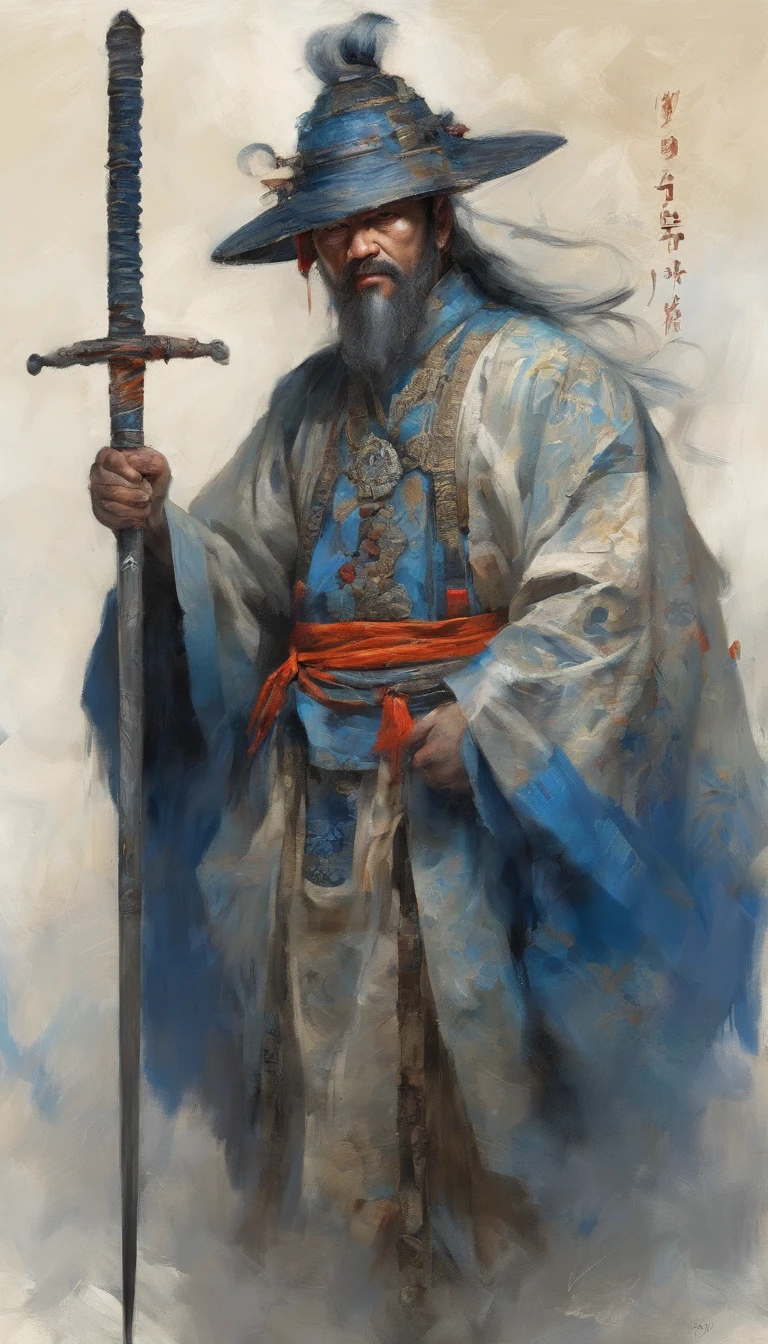 middle aged man, Evil painting style, A high resolution, glowing blue hair, Half are demon bodies,Half of it is demon noodles, Chinese Warrior, Delicate three-dimensional blue flame demon face, sbeard, Wearing a hat, Expression of anger, Perfect body proportions, kaftan, Black and white robes, A scabbard hangs from his waist, Handsome, Full body view, standing on your feet, (White background:1.3), swordsman, He held a long knife that was wide and heavy in his hand, Face the lens, (Blackn clothes:0.8), High detail, Masterpiece, ccurate, Anatomically correct, Textured skin