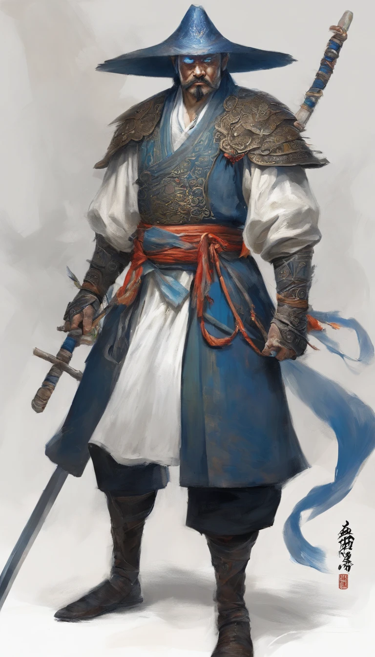 middle aged man, Evil painting style, A high resolution, glowing blue hair, Half are demon bodies,Half of it is demon noodles, Chinese Warrior, Delicate three-dimensional blue flame demon face, sbeard, Wearing a hat, Expression of anger, Perfect body proportions, kaftan, Black and white robes, A scabbard hangs from his waist, Handsome, Full body view, standing on your feet, (White background:1.3), swordsman, He held a long knife that was wide and heavy in his hand, Face the lens, (Blackn clothes:0.8), High detail, Masterpiece, ccurate, Anatomically correct, Textured skin
