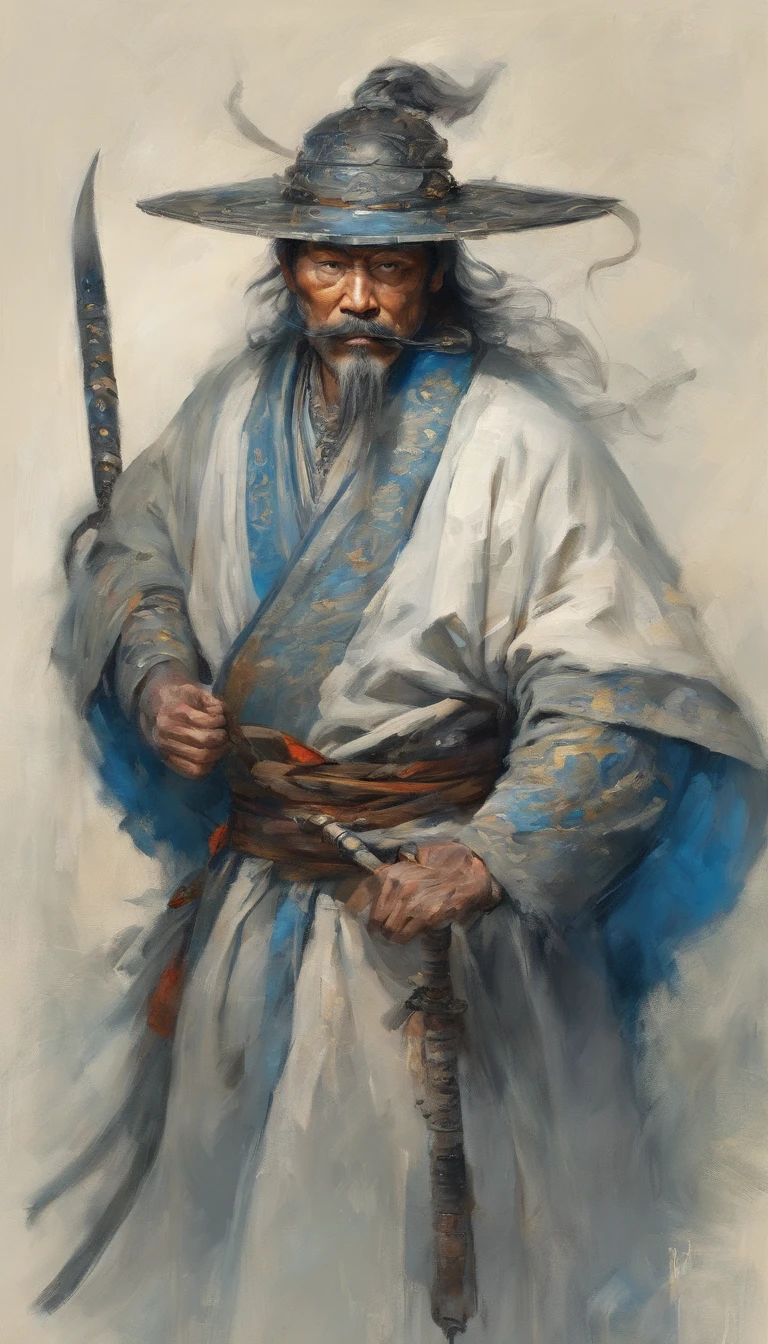 middle aged man, Evil painting style, A high resolution, glowing blue hair, Half are demon bodies,Half of it is demon noodles, Chinese Warrior, Delicate three-dimensional blue flame demon face, sbeard, Wearing a hat, Expression of anger, Perfect body proportions, kaftan, Black and white robes, A scabbard hangs from his waist, Handsome, Full body view, standing on your feet, (White background:1.3), swordsman, He held a long knife that was wide and heavy in his hand, Face the lens, (Blackn clothes:0.8), High detail, Masterpiece, ccurate, Anatomically correct, Textured skin