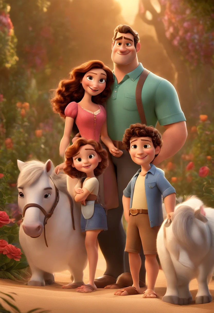 a Disney Pixar movie poster showing a white-skinned family. The father is the tallest, Tem barba curta, loiro, cabelos curtos e espinhosos. The mother has brown eyes and hair, shoulder-length and is slightly overweight. A tem 4 anos e cabelos castanhos, roupa rosa e rabos de cavalo. The background is a beach garden. 3D-rendering