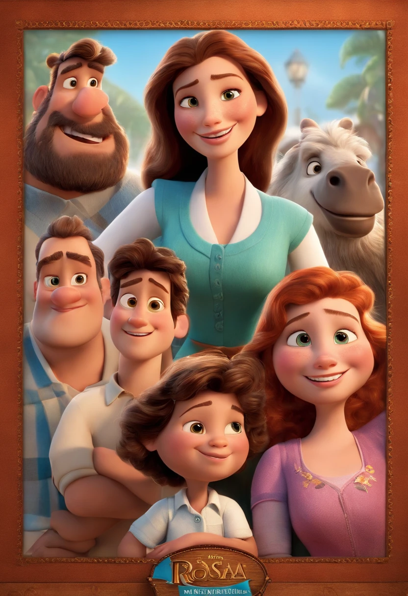 a Disney Pixar movie poster showing a white-skinned family. The father is the tallest, Tem barba curta, loiro, cabelos curtos e espinhosos. The mother has brown eyes and hair, shoulder-length and is slightly overweight. A tem 4 anos e cabelos castanhos, roupa rosa e rabos de cavalo. The background is a beach garden. 3D-rendering