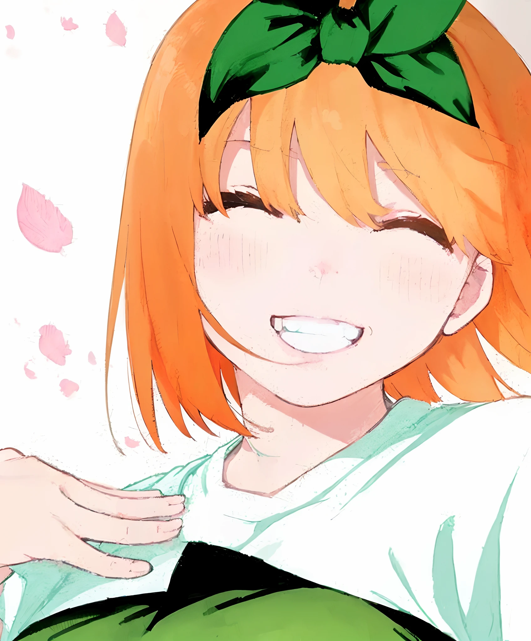 Yotsuba nakano smiling, laughing, cute expression, closed eyes, 4k, masterpiece, petals around, Cute as a dream、a pale, (​masterpiece、top-quality、top-quality、watercolor paiting(Curly)、Official art、Beautifully Aesthetic:1.2)、(a beauty girl:1.3)、Hair spreads throughout, HD Detail, Ultra Detail, splendid, colorful, magical photography, intricate details, (1 girl, solo, alone), sfw, nakano_yotsuba, aayotsuba, Nakano Yotsuba from The Quintessential Quintuplets, closed eyes, green hair bow ribbon, laughing happily, clear lineart, defined lineart, defined outline, clear outline