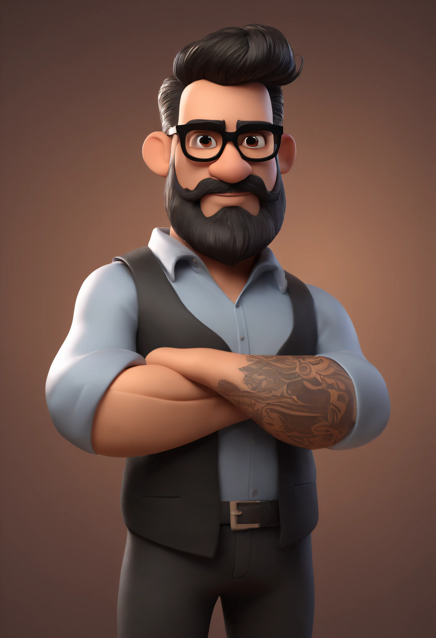 Cartoon character of a man with black glasses and a black polo shirt, cabelo liso, With beard and old school tattoo on his arm, animation character, Caractere estilizado, animation style rendering, 3D estilizado, Arnold Maya render, 3 d render stylized, toon render keyshot, Personagem 3D, Personagem 3D, 3d rendering stylized, 3 d character render, personagem de desenho animado, Personagem de close up, Pose de personagem, (Estilo Pixar) (master part:1.2) (Bokeh) (best quality) (pele detalhada) (textura detalhada) (8k) (argila) (Cinematic lighting) (foco nítido