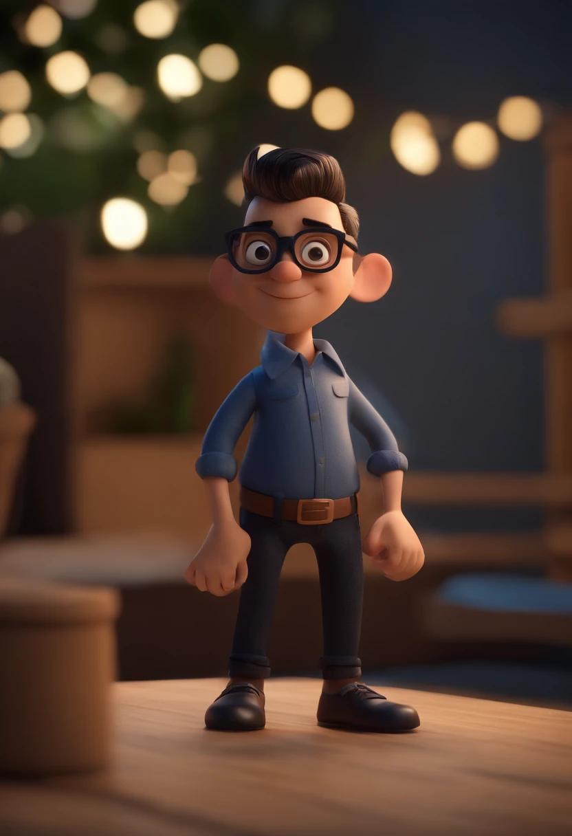 Cartoon character of a man wearing black glasses and a blue shirt, um personagem animado, Caractere estilizado, animation style rendering, 3D estilizado, Arnold Maya render, 3 d render stylized, toon render keyshot, Personagem 3D, Personagem 3D, 3d rendering stylized, 3 d character render, personagem de desenho animado, Personagem de close up, Pose de personagem, (Estilo Pixar) (master part:1.2) (Bokeh) (best quality) (pele detalhada) (textura detalhada) (8k) (argila) (Cinematic lighting) (foco nítido，Senta e vaza a parte superior do corpo