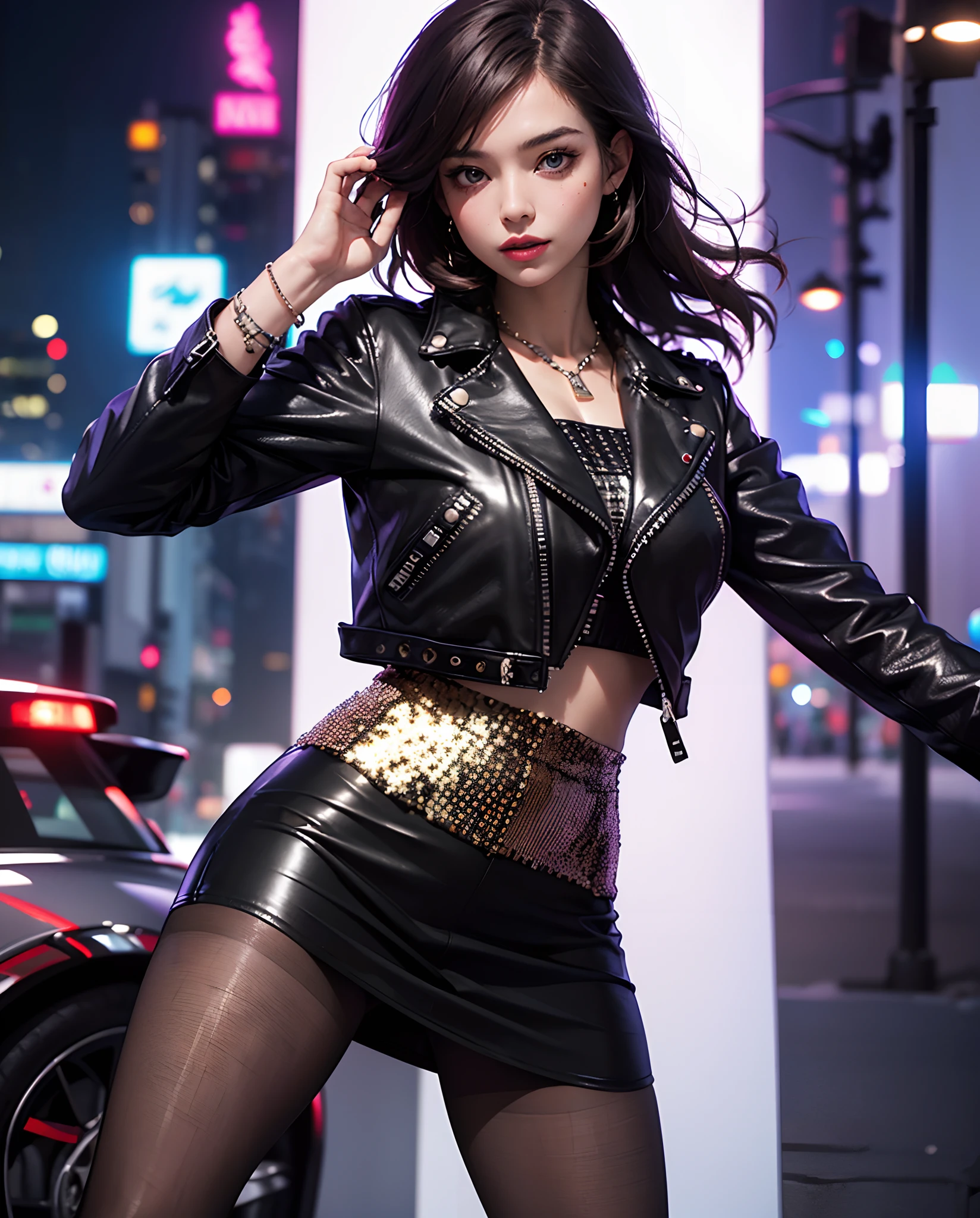 ulzzang-6500-v1.1,(original photo:1.2),(realistic:1.4),beautiful detailed girl,very detailed eyes and face,beautiful detail eyes,ridiculous,incredibly ridiculous,super detailed,high resolution,very detailed,best quality,masterpiece,illustration,very detailed,CG,unified,8k wallpaper,amazing,fine detail,masterpiece,best quality,face light,movie lights,1 girl,16 years old,((dynamic pose))),((sexy pose))),(camel toe),(pantyhose),(Leather_jacket_with_embellishments:1.5),(Sequin_mini_skirt:1.4),(Studded_heels:1.3),(Nightlife_disco_background:1.4),upper body,