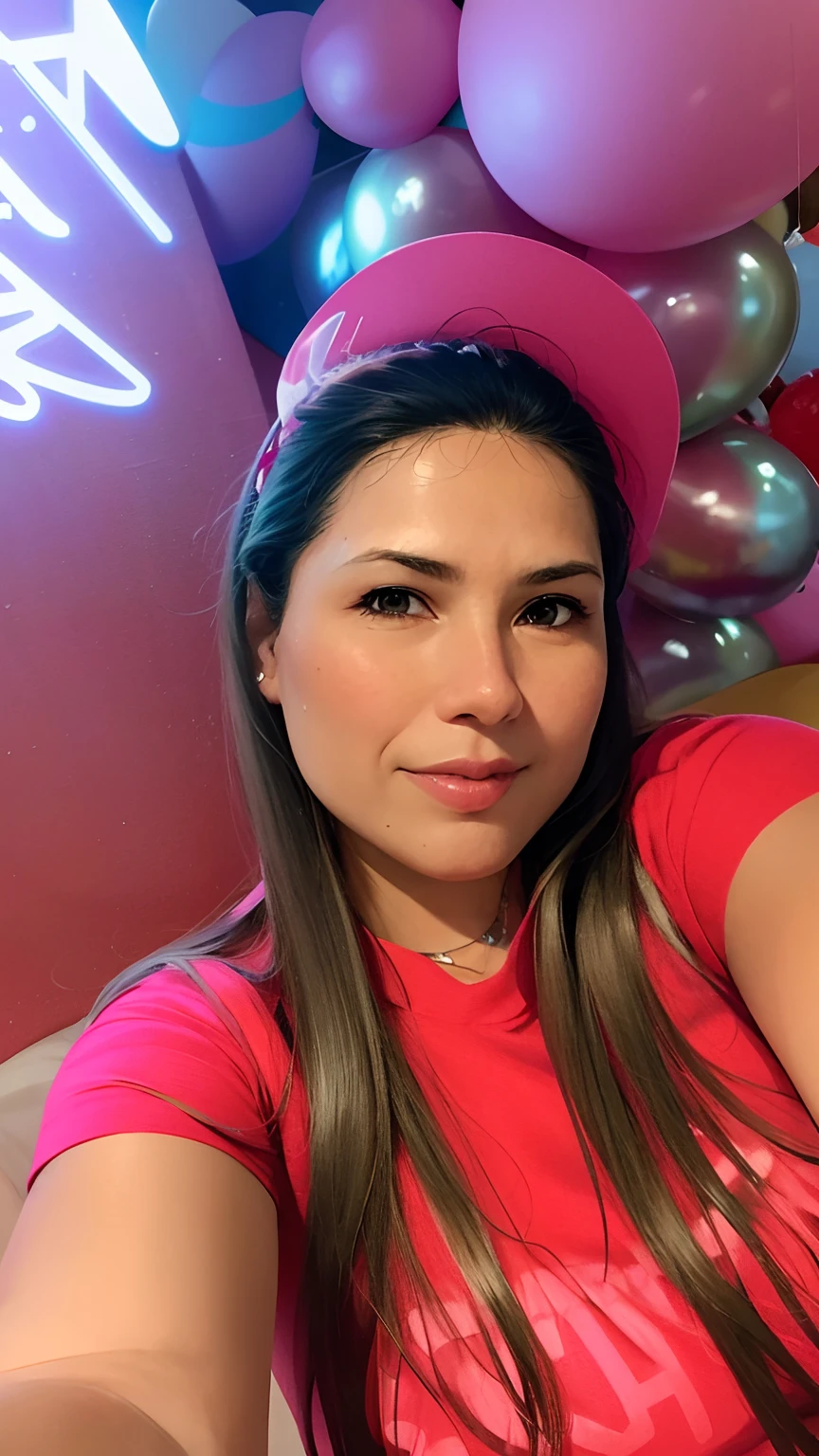 Woman in pink shirt and pink hat sitting in front of a bunch of balloons, imagem de perfil, Alanis Guillen, by Gina Pellón, by Amelia Peláez, fernanda suarez, 3 0 anos de idade mulher, Mulher de 30 anos, Lorena Avarez, inspired by Gina Pellón