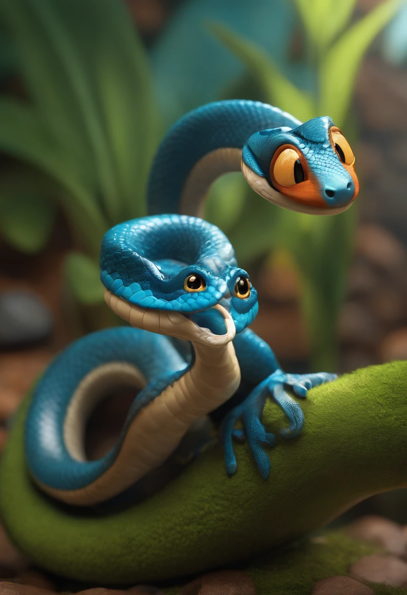 Cartoon character of a snake with various blue details, Caractere estilizado, animation style rendering, 3D estilizado, , 3 d render stylized, toon render keyshot, Personagem 3D, Personagem 3D, 3d rendering stylized, 3 d character render, personagem de desenho animado, Personagem de close up, Pose de personagem, (Estilo Pixar) (master part:1.2) (Bokeh) (melhor qualidade) (pele detalhada) (textura detalhada) (8k) (argila) (Cinematic lighting) (foco nítido