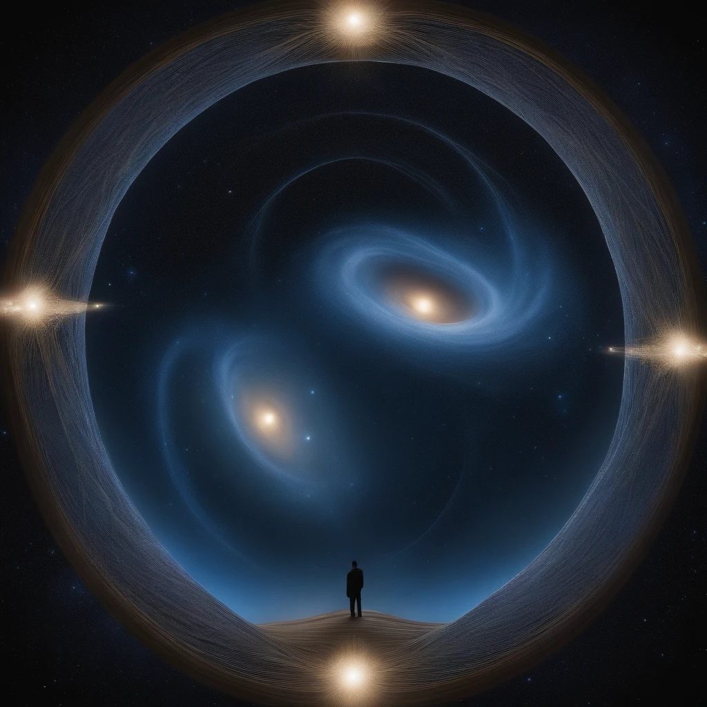 Ask for a blue-toned map of the starry sky，There are two black holes in the center of the figure，And they are surrounding each other。There are gravitational waves around the black hole