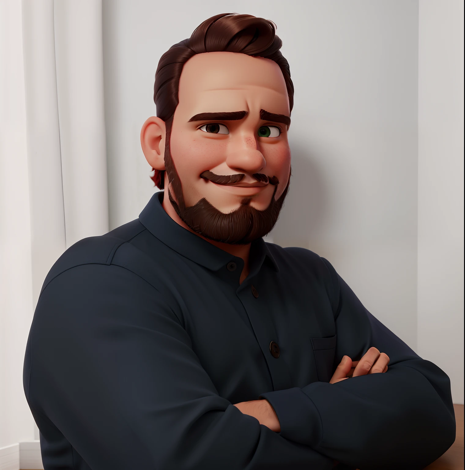 Um homem moreno com cabelo curto e barba grisalha, olhos castanhos mais gordinho