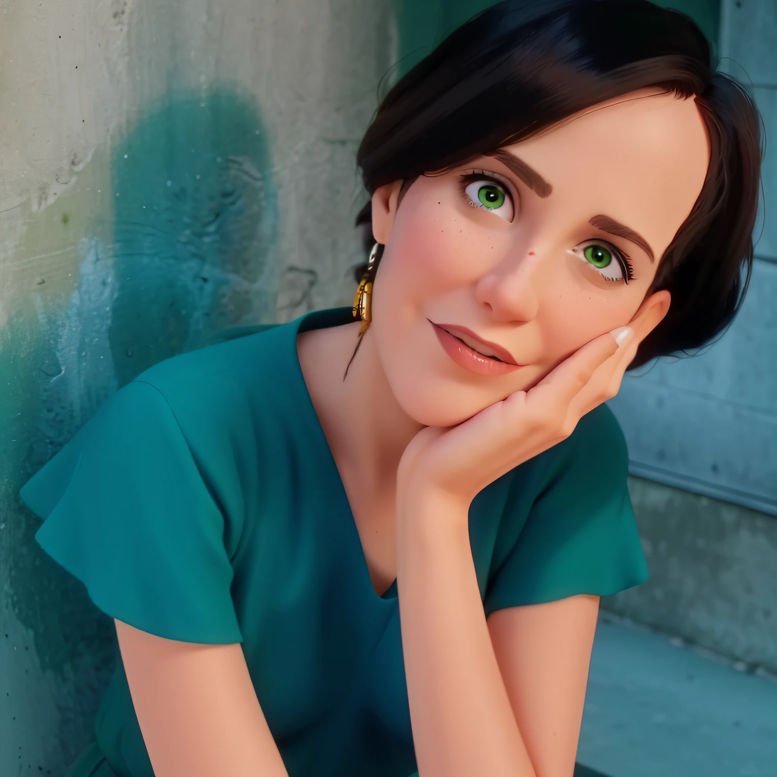 A 42-year-old woman wearing a green greenish brown eye jumpsuit with her hand on her face, um batom, cabelo liso curto e preto