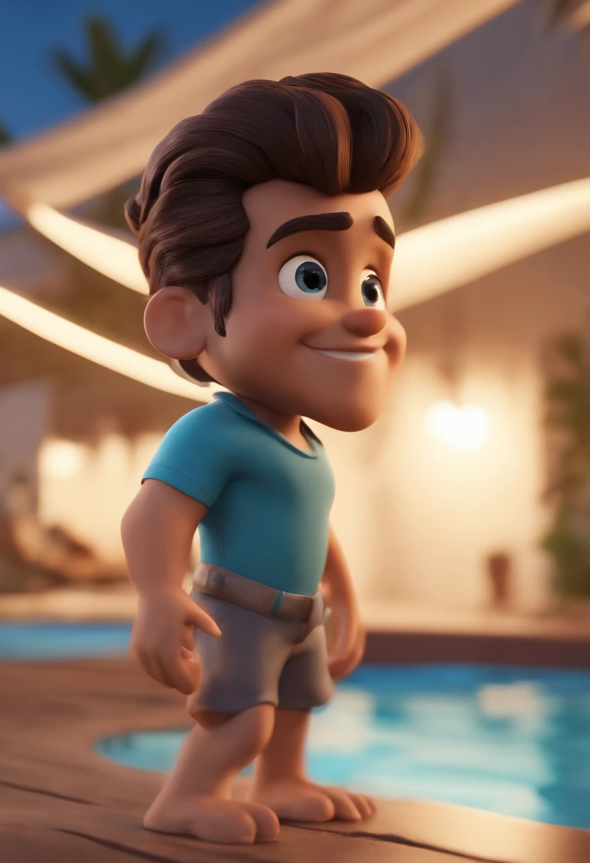 personagem dos desenhos animados de um homem cabelo curto, sem camisa, de sunga branca, By the edge of the pool, animation character, Caractere estilizado, animation style rendering, 3D estilizado, Arnold Maya render, 3 d render stylized, toon render keyshot, Personagem 3D, Personagem 3D, 3d rendering stylized, 3 d character render, personagem de desenho animado, Personagem de close up, Pose de personagem, (Estilo Pixar) (master part:1.2) (Bokeh) (best quality) (pele detalhada) (textura detalhada) (8k) (argila) (Cinematic lighting) (foco nítido