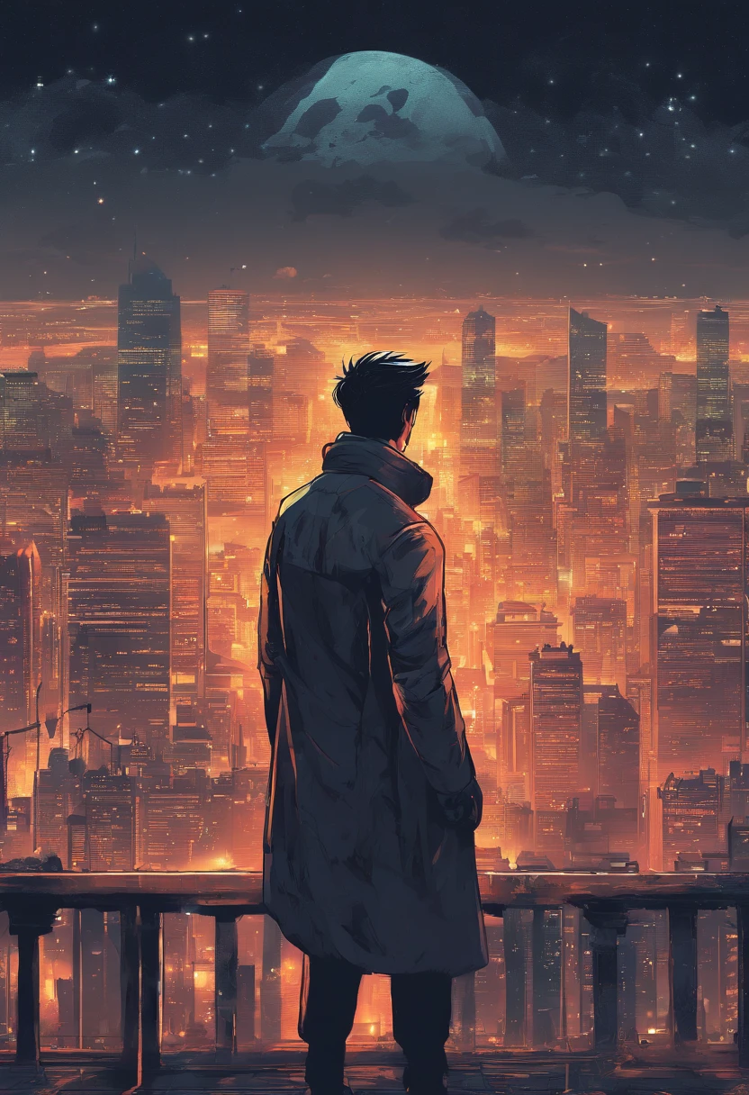 Album cover design description:

1. **Basic background**: South Korea, Blur city night view. The light of the car, Flickering buildings, The city's demolition, And the moon rising in the distance forms the background. 

2. **centered image**: One character(South Korean)This stands with its back turned. His shoulders seem a little heavy, but, Above his head are shining stars, It gives the impression of a subtle glow.

3. **Bottom image**: At the feet of the figure, a broken clock and a broken hourglass are visible., It symbolizes the passage of time and the responsibility that comes with it.

4. **Title and Artist Name**: At the top of the album is a large "My Time" Put the title. Underneath, the artist's name appears subtly.

5. **Text Design**: "Woooooo" The lyrics of the part are small between the buildings in the background, It is designed to sparkle like a light. 

6. **Colors**: The colors of the album as a whole add a bit of vintage tones, creating a melancholy yet warm feeling.

This album cover is about life's difficulties and responsibilities, And expressing the importance of that period,, Against the backdrop of the night view of the city, it conveys a message about one's own time and the value of the moment.