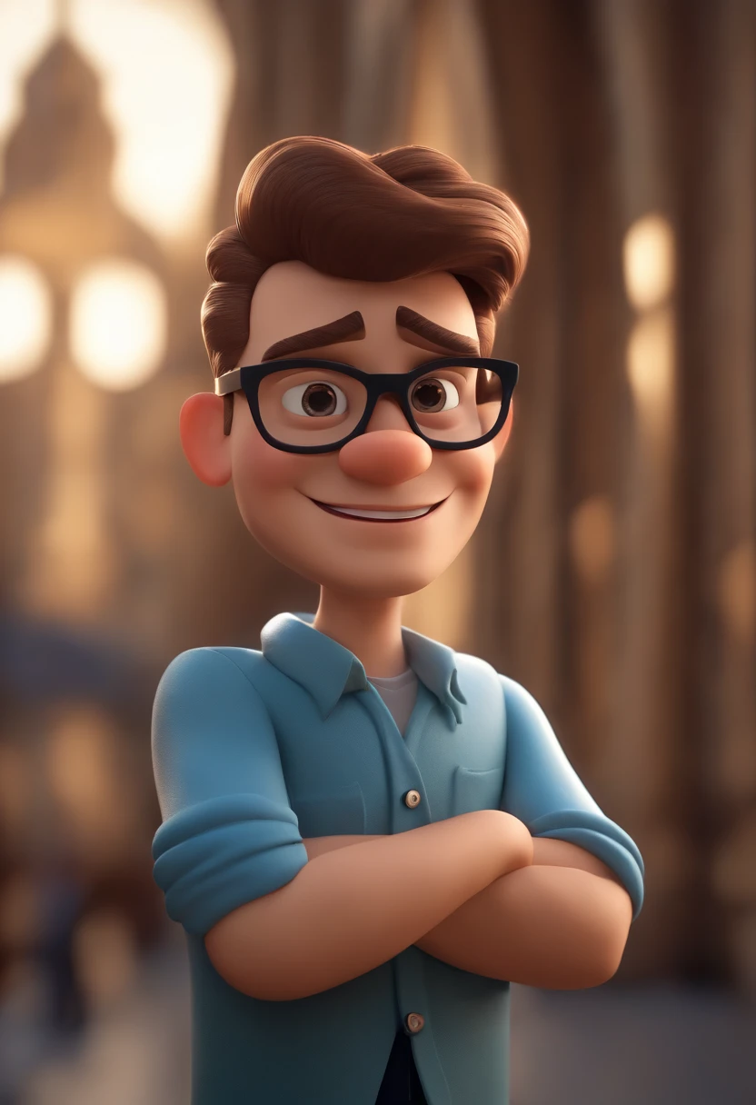 Cartoon character of a man wearing black glasses and a blue shirt, um personagem animado, Caractere estilizado, animation style rendering, 3D estilizado, Arnold Maya render, 3 d render stylized, toon render keyshot, Personagem 3D, Personagem 3D, 3d rendering stylized, 3 d character render, personagem de desenho animado, Personagem de close up, Pose de personagem, (Estilo Pixar) (master part:1.2) (Bokeh) (best quality) (pele detalhada) (textura detalhada) (8k) (argila) (Cinematic lighting) (foco nítido,Senta e vaza a parte superior do corpo