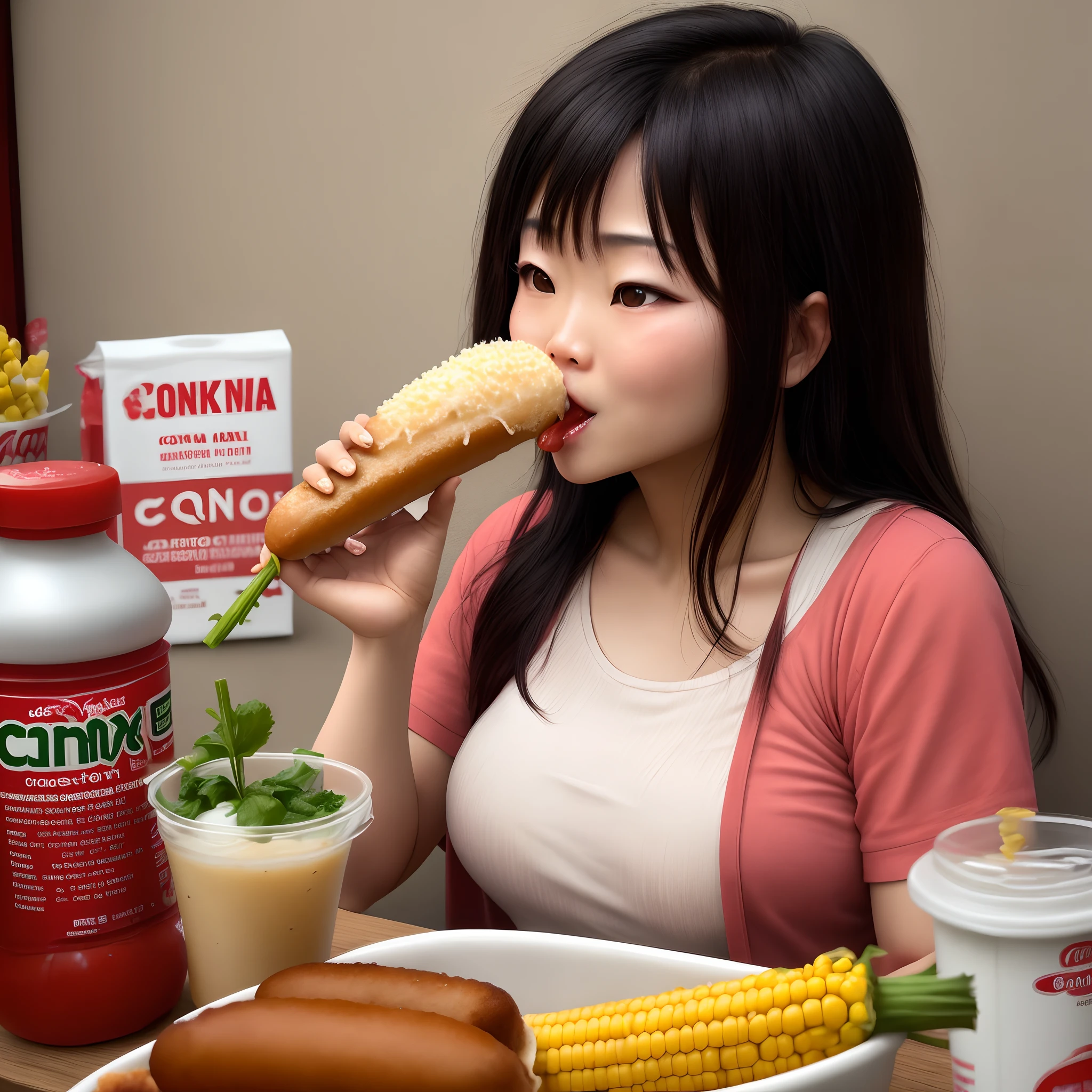 a wonderful woman looking to hotdog, she love hotdogs and can't wait to put the hotdog in the mouth,  she is sweating when waiting to eat