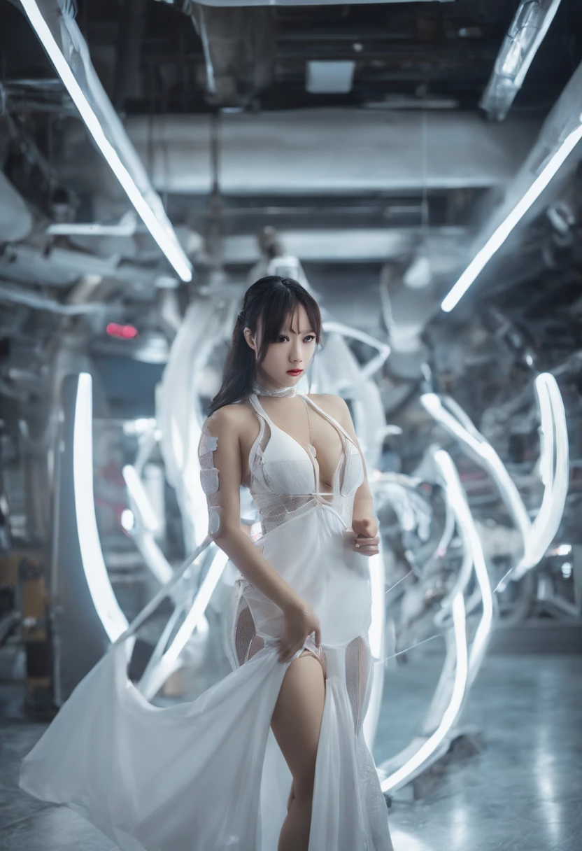 araffe woman in a white dress holding a string, smooth white tight clothes suit, sexy dress, gorgeous chinese model, opened dress, cheongsam, revealing stylish dress, beautiful asian girl, sha xi, open v chest clothes, chinese dress, japanese goddess, sexy gown, chinese girl, light half opened dress, low cut dress, sexy girl, with beautiful exotic