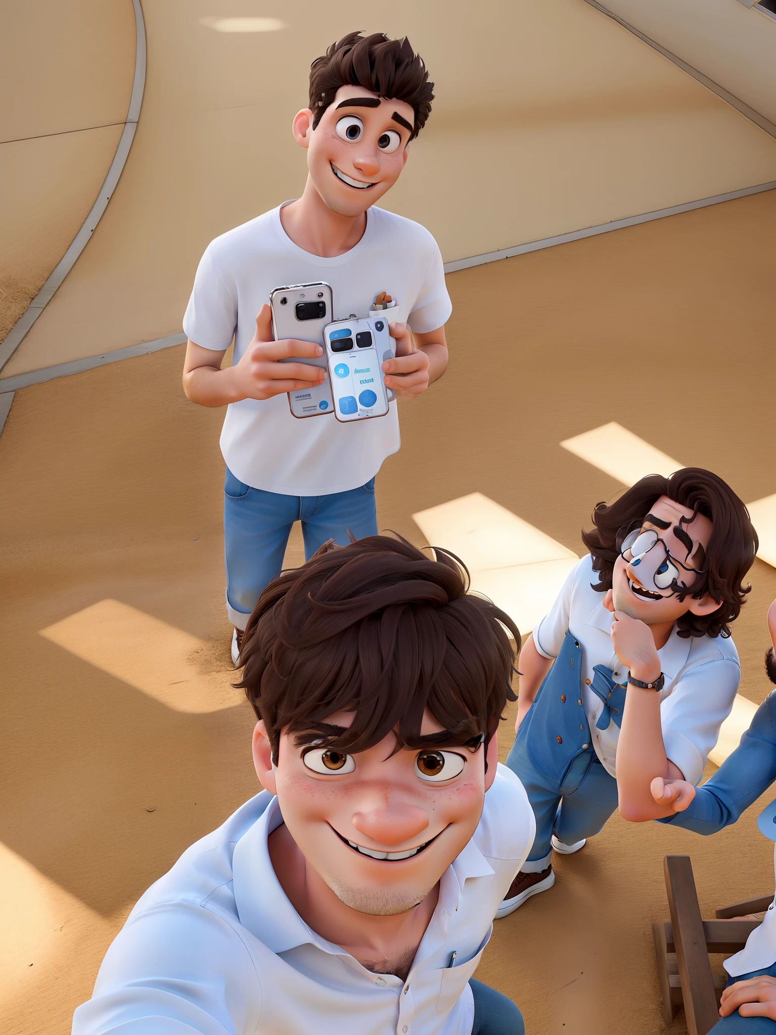 Three young men in white shirts taking a selfie, estilo pixar