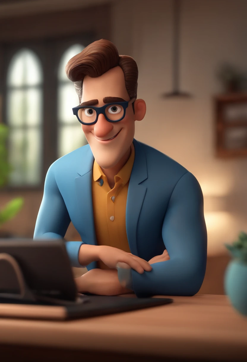 Cartoon character of a man wearing black glasses and a blue shirt, um personagem animado, Caractere estilizado, animation style rendering, 3D estilizado, Arnold Maya render, 3 d render stylized, toon render keyshot, Personagem 3D, Personagem 3D, 3d rendering stylized, 3 d character render, personagem de desenho animado, Personagem de close up, Pose de personagem, (Estilo Pixar) (master part:1.2) (Bokeh) (best quality) (pele detalhada) (textura detalhada) (8k) (argila) (Cinematic lighting) (foco nítido,Senta e vaza a parte superior do corpo