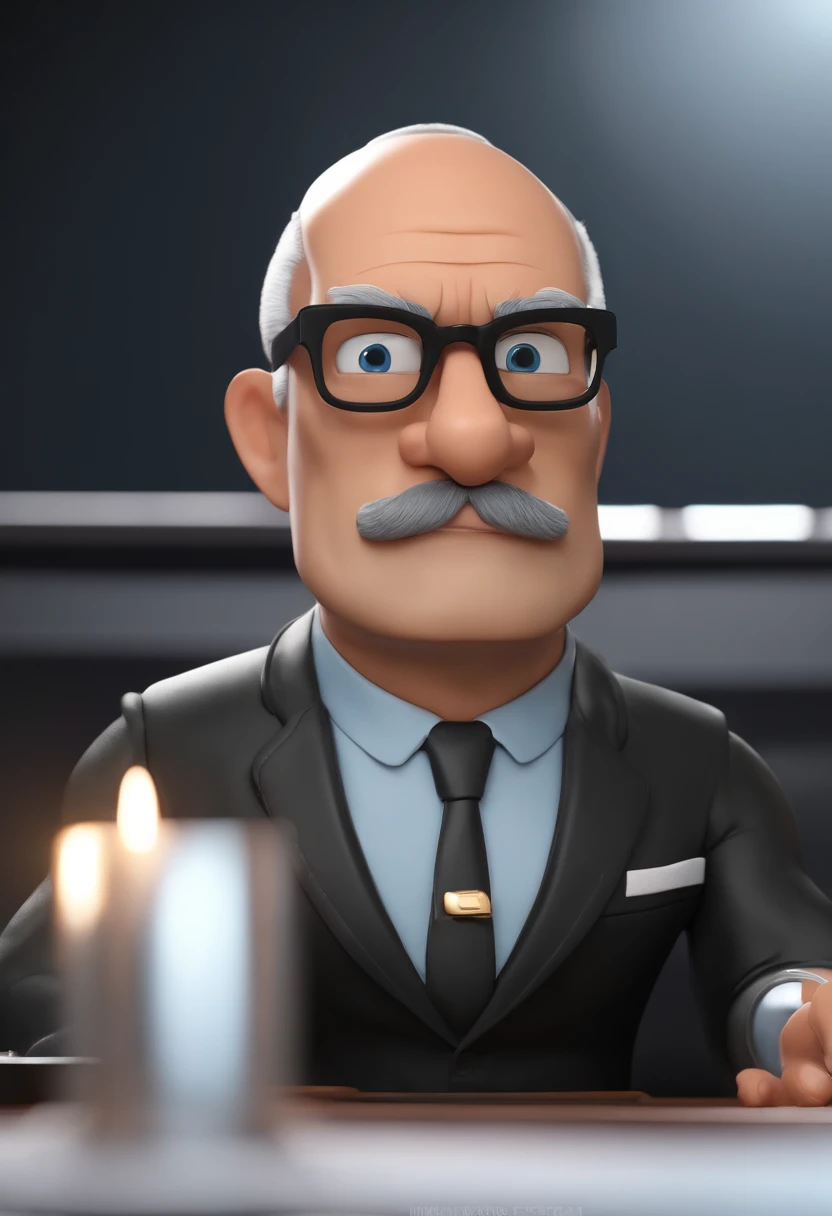 Personagem dos desenhos animados de um homem de 40 anos, careca, barba baixa, with black glasses and a black suit, animation character, Caractere estilizado, animation style rendering, 3D estilizado, Arnold Maya render, 3 d render stylized, toon render keyshot, Personagem 3D, Personagem 3D, 3d rendering stylized, 3 d character render, personagem de desenho animado, Personagem de close up, Pose de personagem,  (Estilo Pixar) (master part:1.2) (Bokeh) (best quality) (pele detalhada) (textura detalhada) (8k) (argila) (Cinematic lighting) (foco nítido