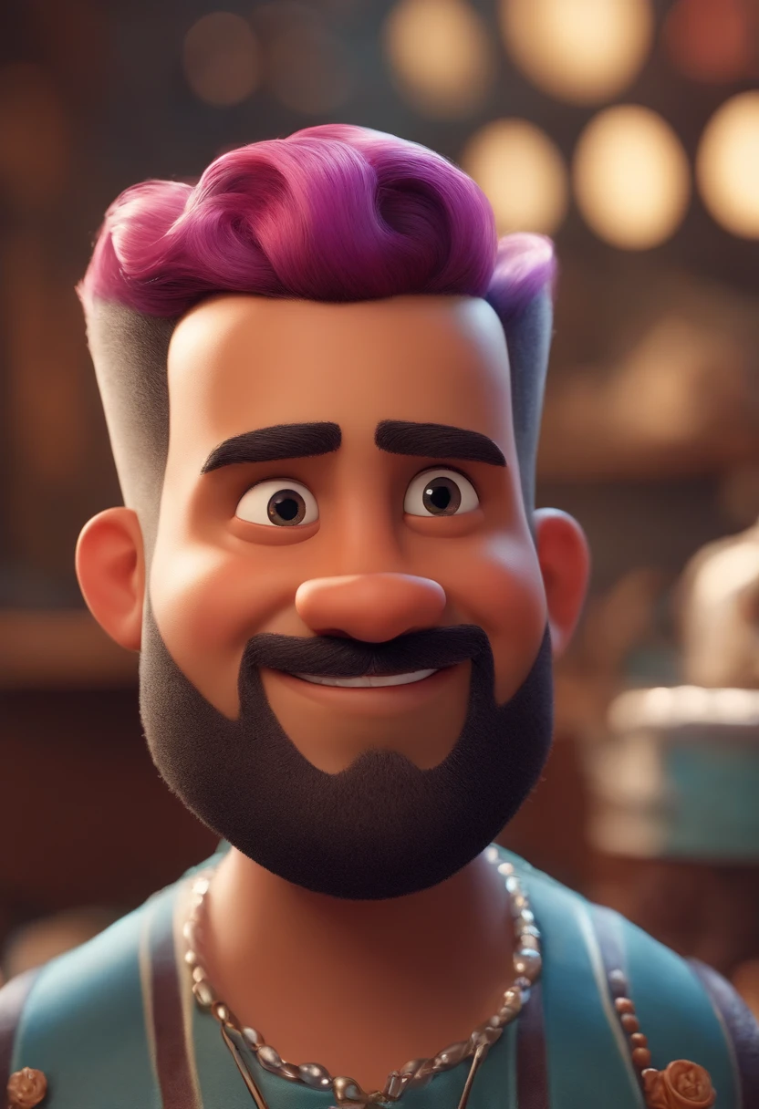 A Dream Barber Inspired by Pixar Animation, de perto. The character takes center stage with captivating facial expressions, oferecendo um toque de irrealidade, Cabelo curto e gordinho gradiente