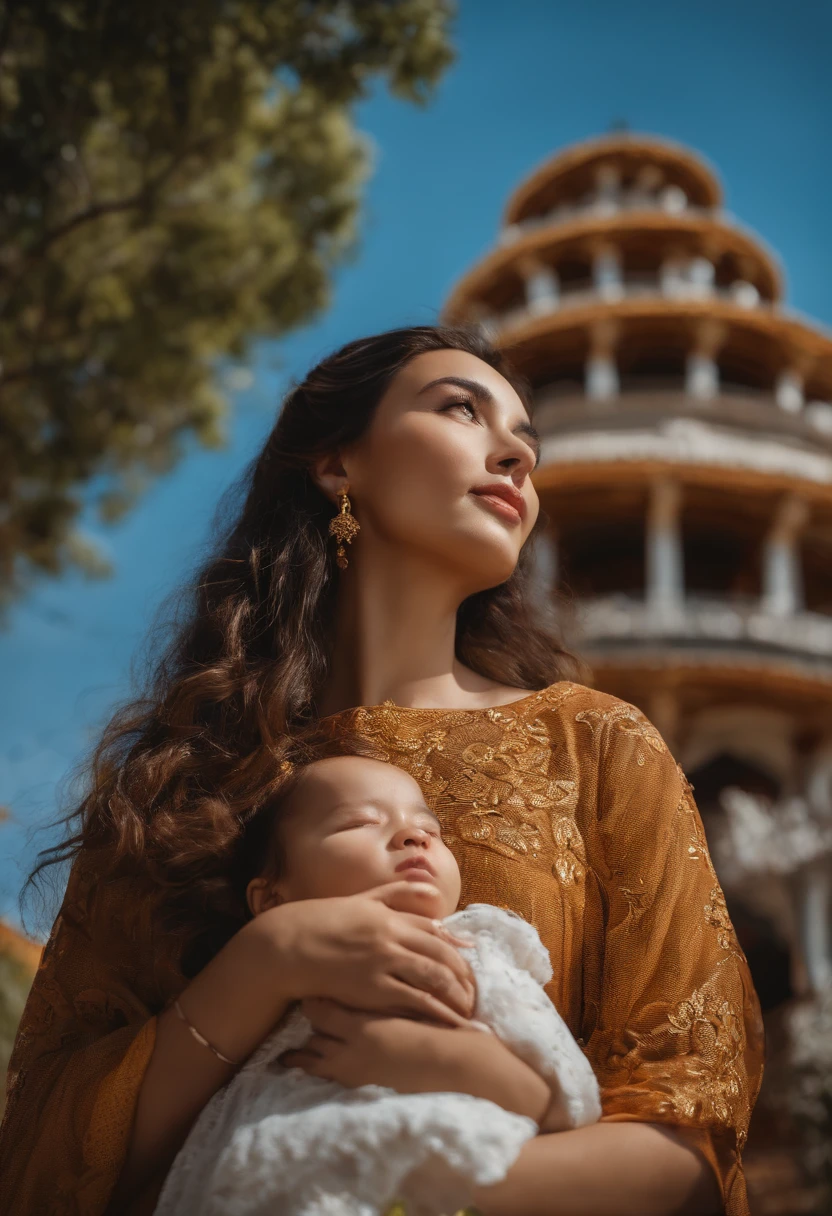 {{master part, best quality, CG extremamente detalhado, Unity 8k papel de parede, Cinematic lighting}}, pintura a tinta tradicional chinesa, 1girl, 1Baby, Young woman holding a baby, corpo inteiro, arquitetura antiga, blue skies, dia ensolarado, arquitetura de madeira, protagonista proeminente, sorrir, olhos grandes, belos olhos detalhados, (seios grandes, clivagem), Bunda redonda, looking up at the audience, long eyelashes,
