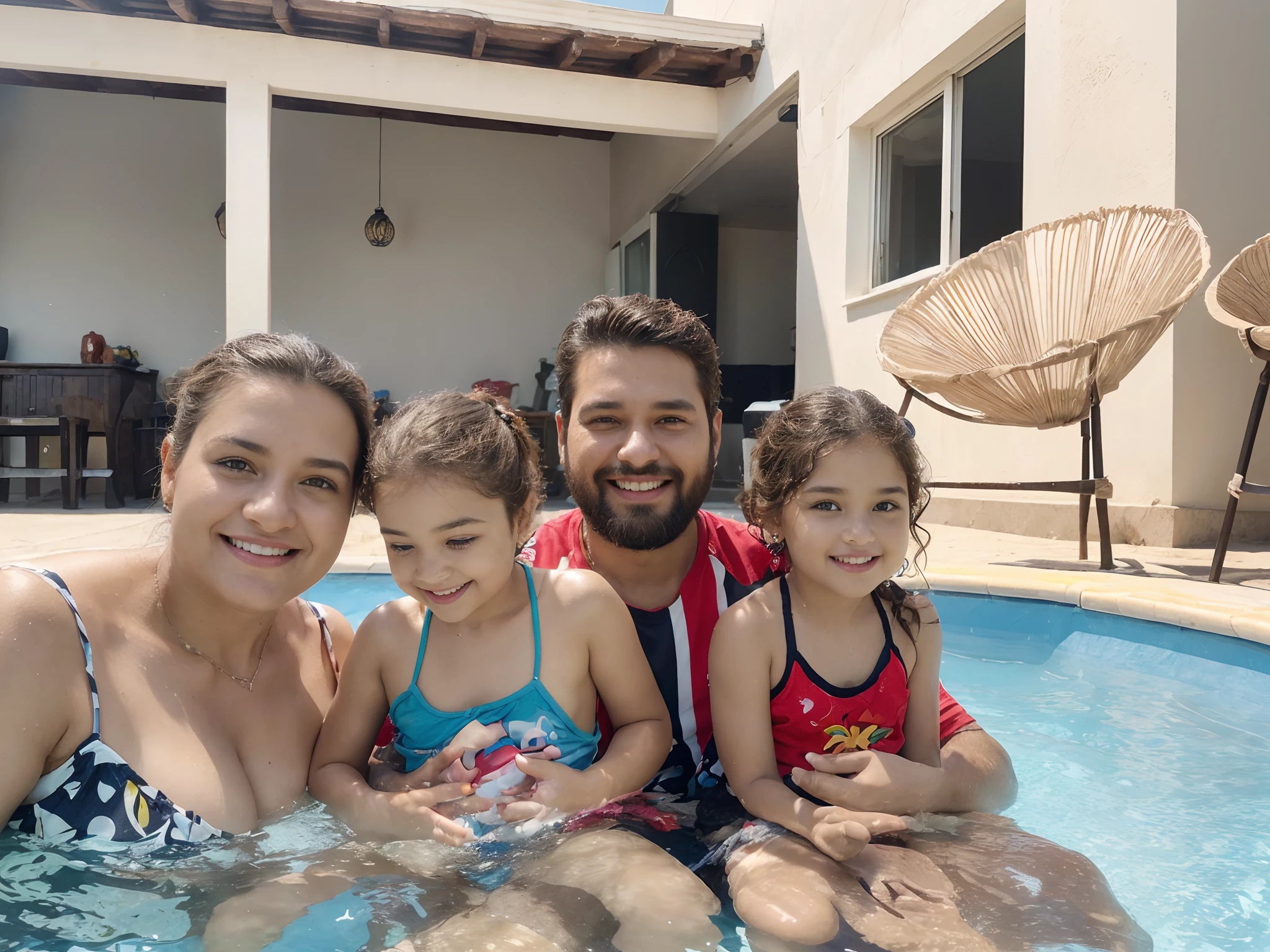 tem uma mulher e um na piscina brincando com um frisbee, brincar e piscina, em uma piscina, sentado na piscina, em um dia quente australiano, se divertindo ao sol, in the water, in the water, 3 Brazilian mother of 5 years, me divertindo muito, Playing with water, piscina, swimmingpool, espirrando