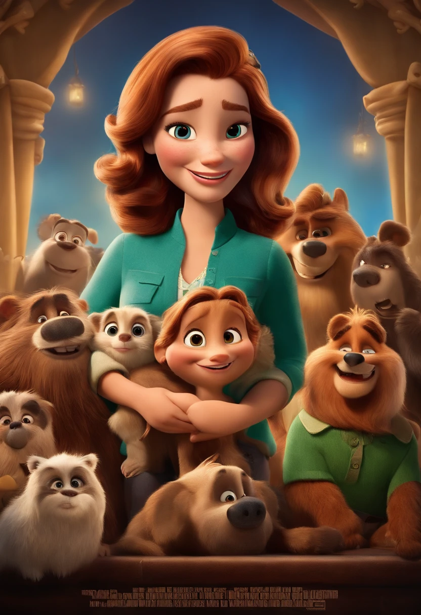 Crie um cartaz Disney/Cartaz de filme inspirado na Pixar, cena de uma bela mulher de 27 anos, Cabelo castanho cacheado de comprimento no ombro, olhos castanhos escuros, sorriso com aparelho nos dentes de cima, rosto oval, pele branca, Holding an iPhone in your hand . Add highlighted text in front saying "Whatsapp: The tool that revolutionized the service at Disney Optics" Add highlighted text saying "Whatsapp: The tool that revolutionized customer service at opticians" to the scene. Inspirado nos emojis do filme Pixar Dynamic 3D Background