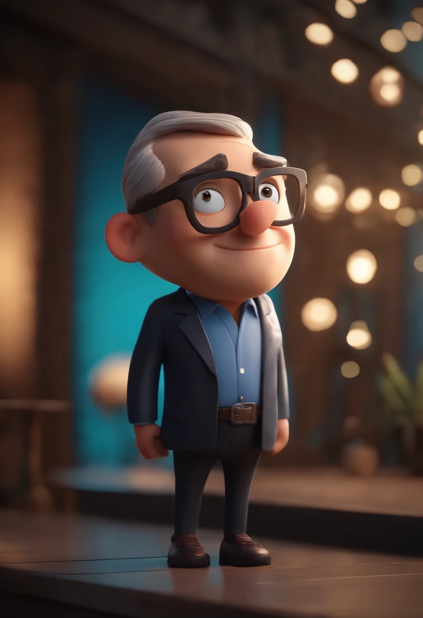 Cartoon character of a man wearing black glasses and a blue shirt, um personagem animado, Caractere estilizado, animation style rendering, 3D estilizado, Arnold Maya render, 3 d render stylized, toon render keyshot, Personagem 3D, Personagem 3D, 3d rendering stylized, 3 d character render, personagem de desenho animado, Personagem de close up, Pose de personagem, (Estilo Pixar) (master part:1.2) (Bokeh) (best quality) (pele detalhada) (textura detalhada) (8k) (argila) (Cinematic lighting) (foco nítido,Senta e vaza a parte superior do corpo